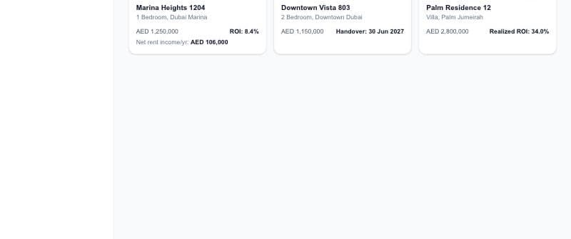 Portfolio screen showing each unit with the investor's share and returns